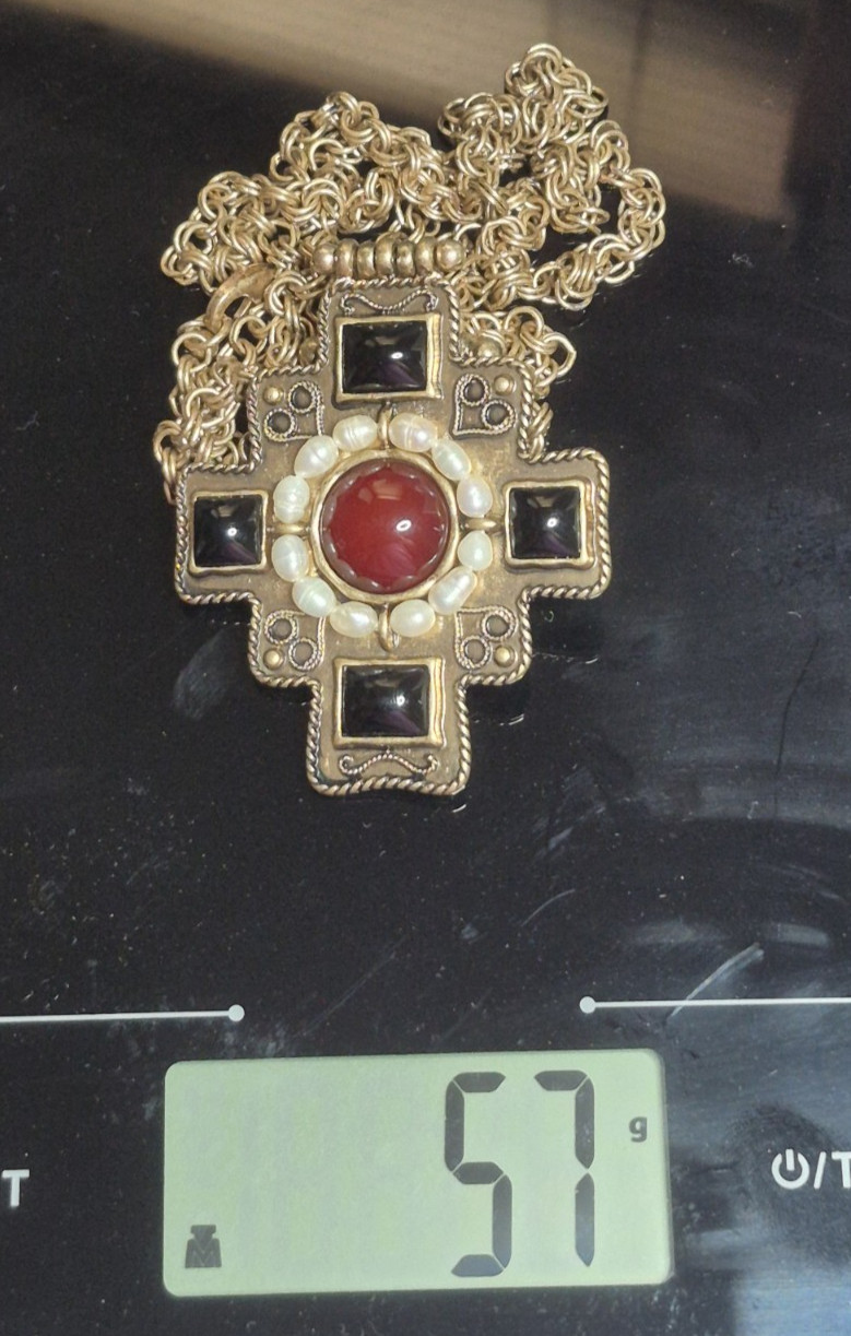 Dell’Olio Byzantine Cross Pendant Necklace Faux Pearl Red Black Statement