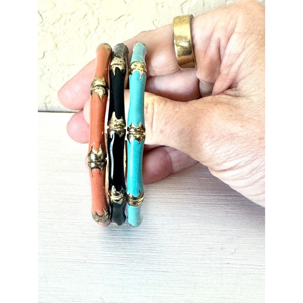 Bamboo Bangle Bracelets Set Enamel Stack Turquoise Coral Black Gold