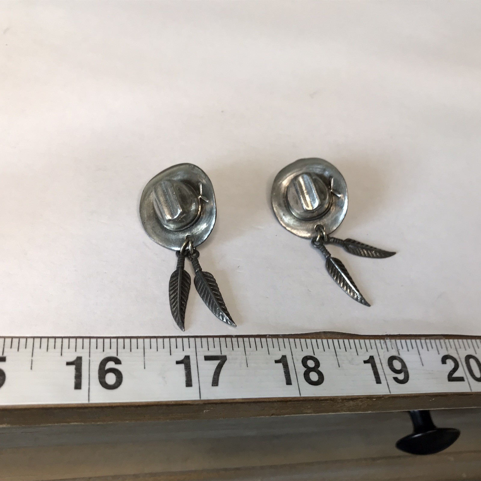 Vintage South Western 1992 Cowboy Hat with Feather Pewter Stud Earrings