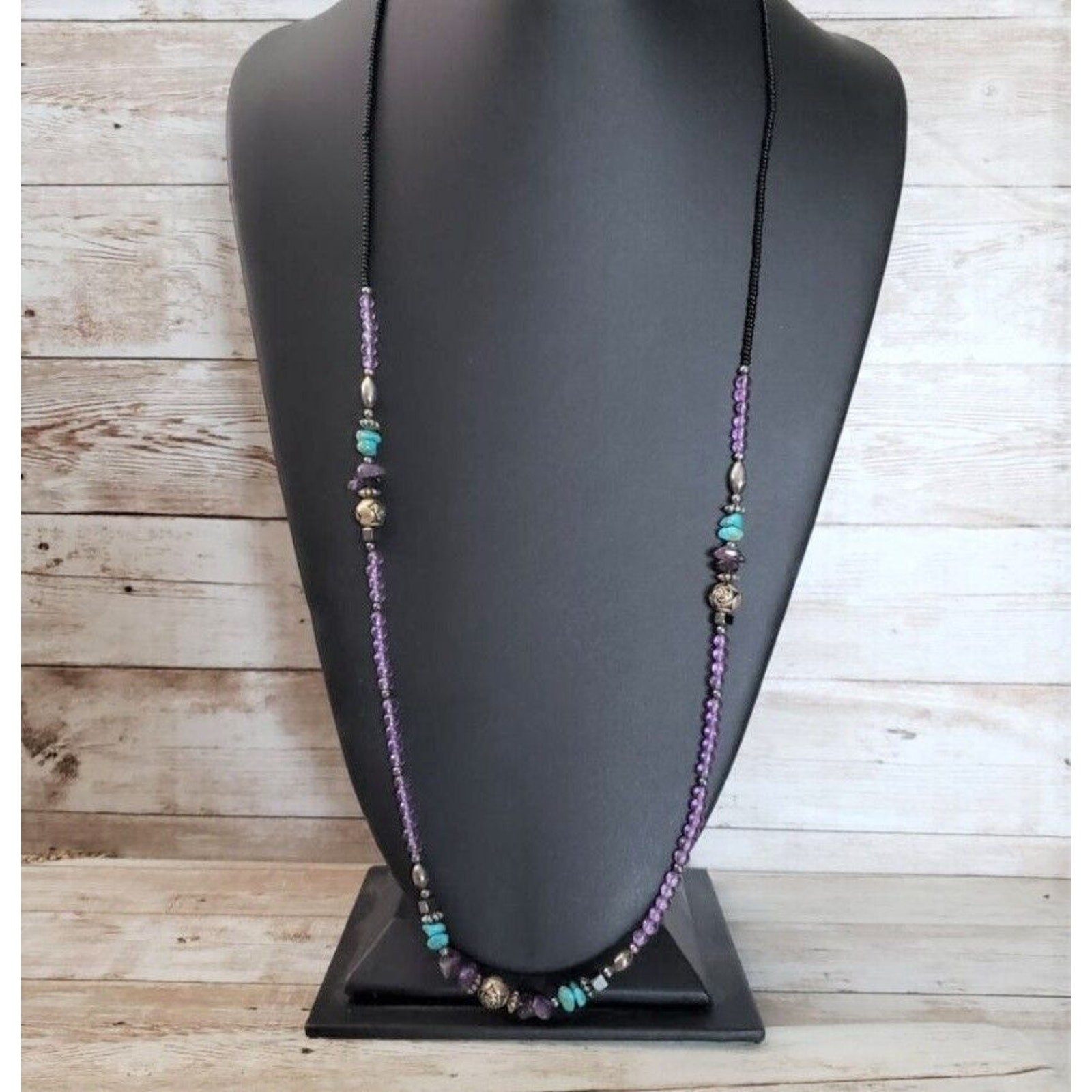 Vintage Necklace Beaded Purple, Blue, Black, Silver Tone (Can Be Layered)