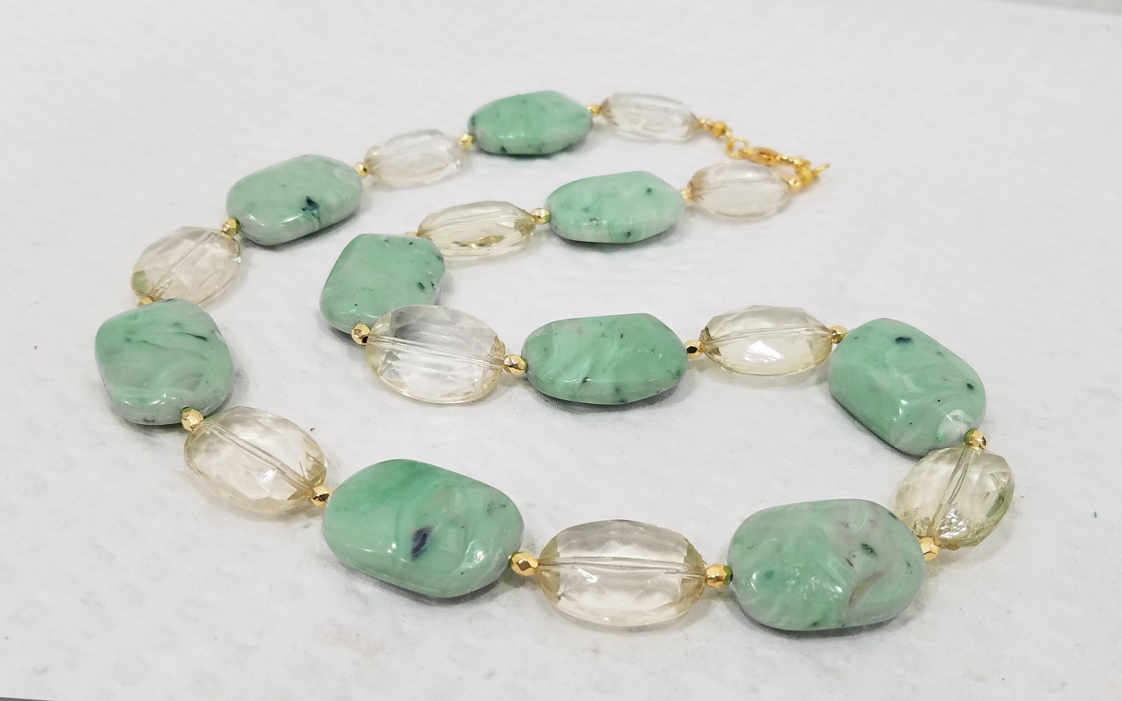 Vintage Chunky Celadon Green & Clear Acrylic Crystal Bead Gold Tone Necklace