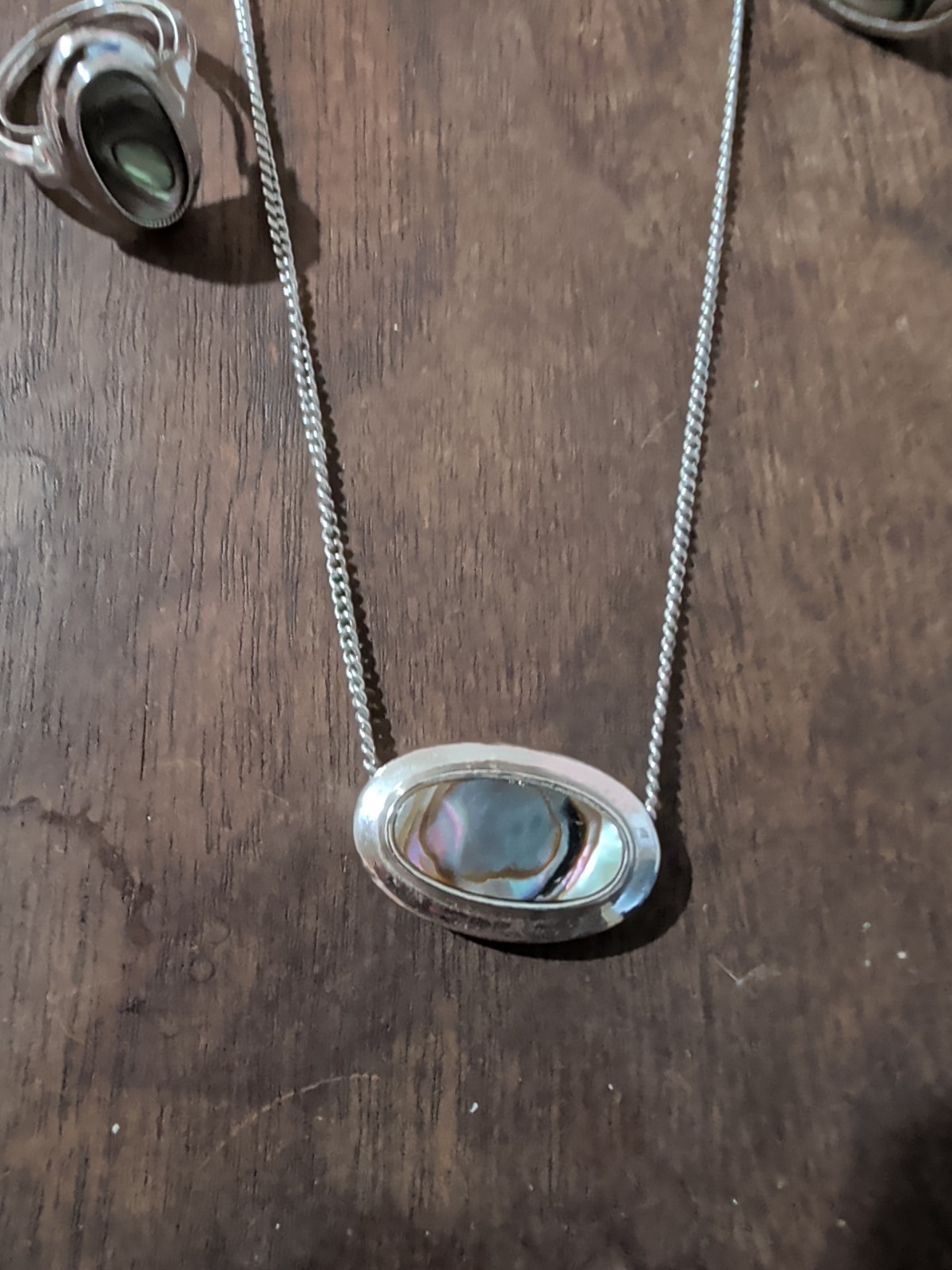 Vintage 1978 Avon Abalone Silvertone Pendant Necklace, Bracelet & Ring Set