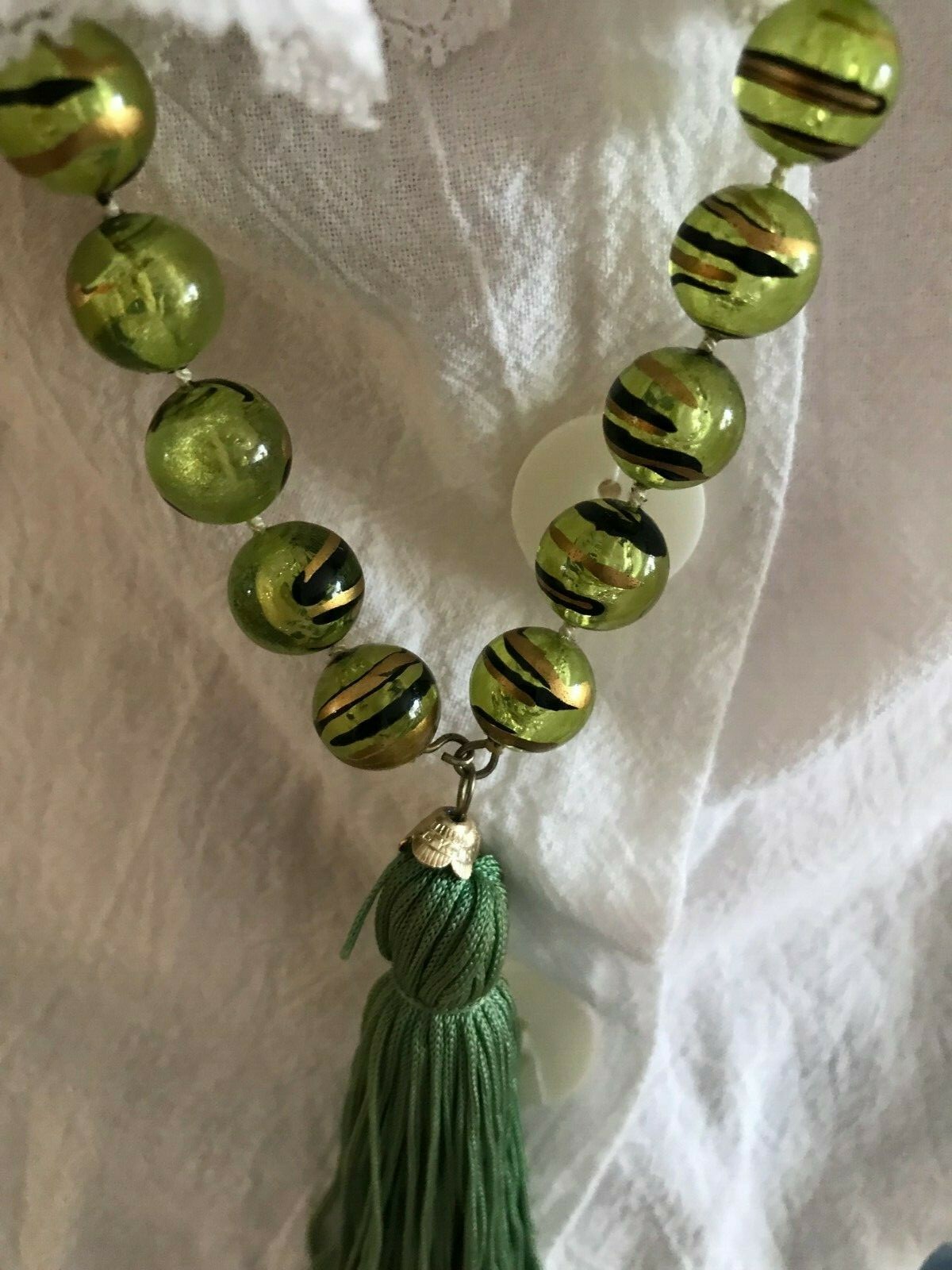 Vintage Jade Tigers Eye Bakelite Faturan Prayer Bead Tassel Necklace 46″
