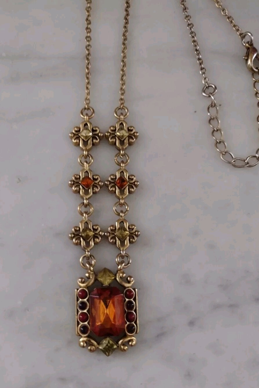 Vintage Necklace And Clip Earrings Set Honey Amber Colored Stones Rhinestones