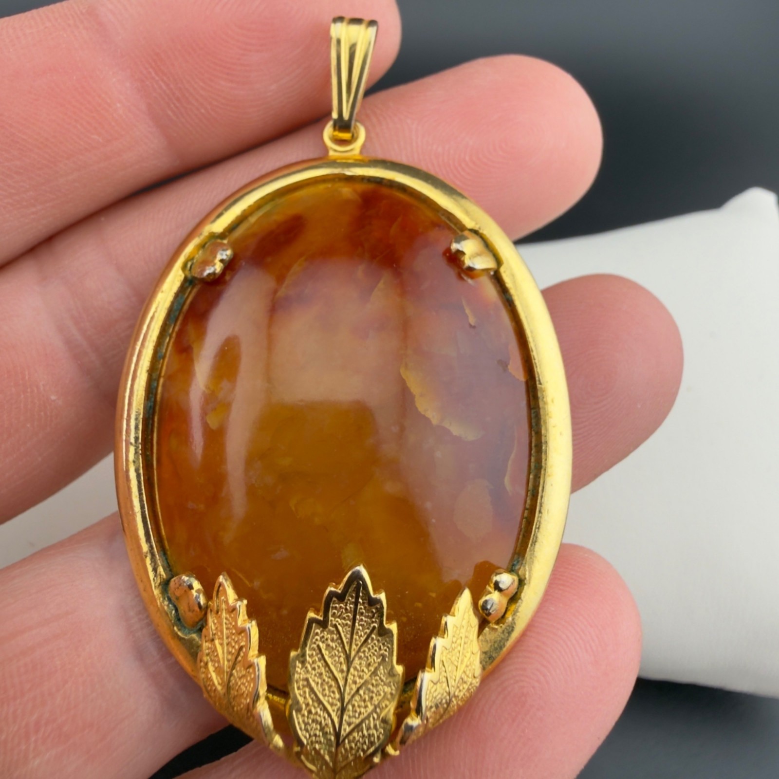 Vintage Glass Cabochon Pendant Necklace Set Orange Brown Beaded Gold Tone