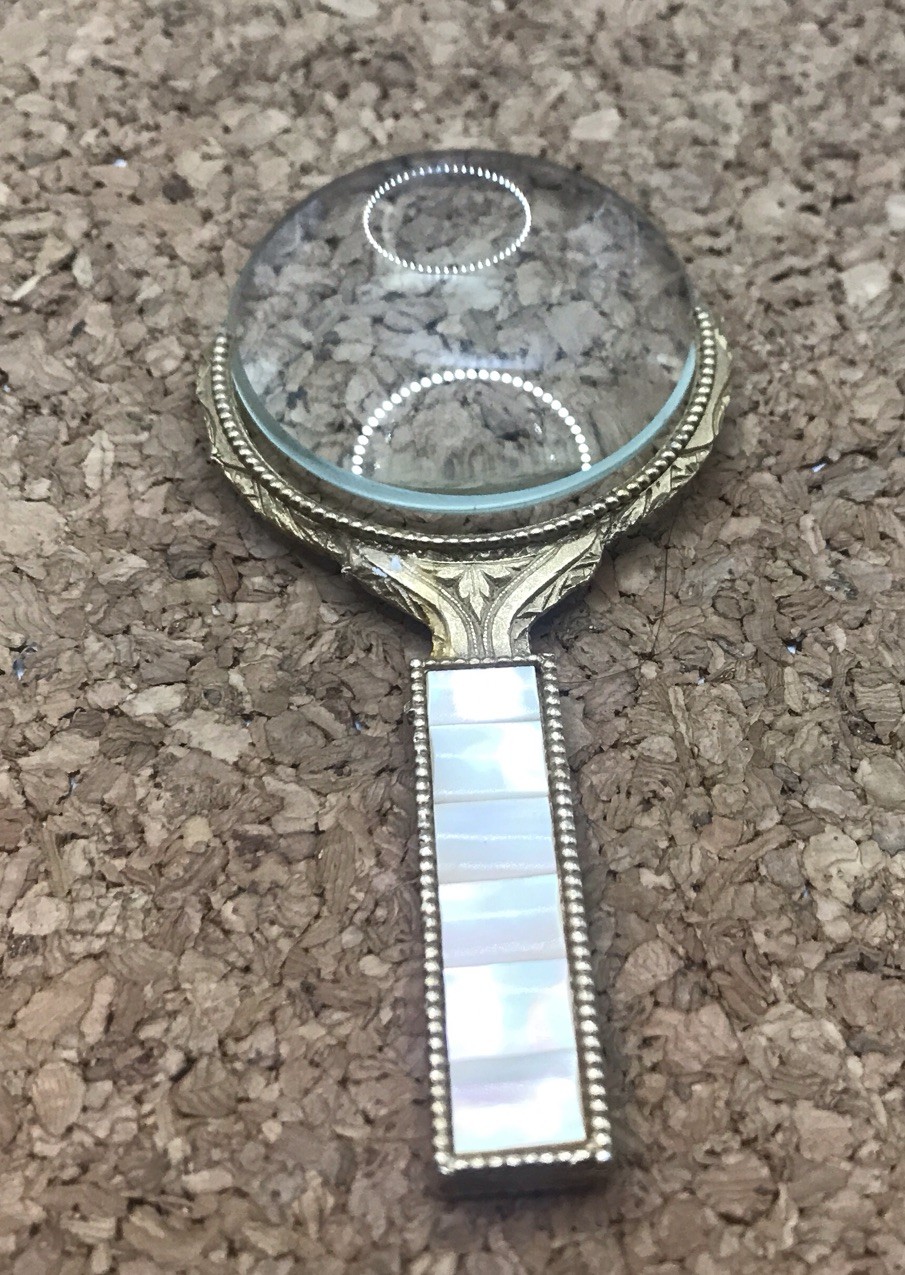 Beautiful Art Deco Ornate Gold Mother of Pearl Magnifying Glass Circa 1920’s 4”