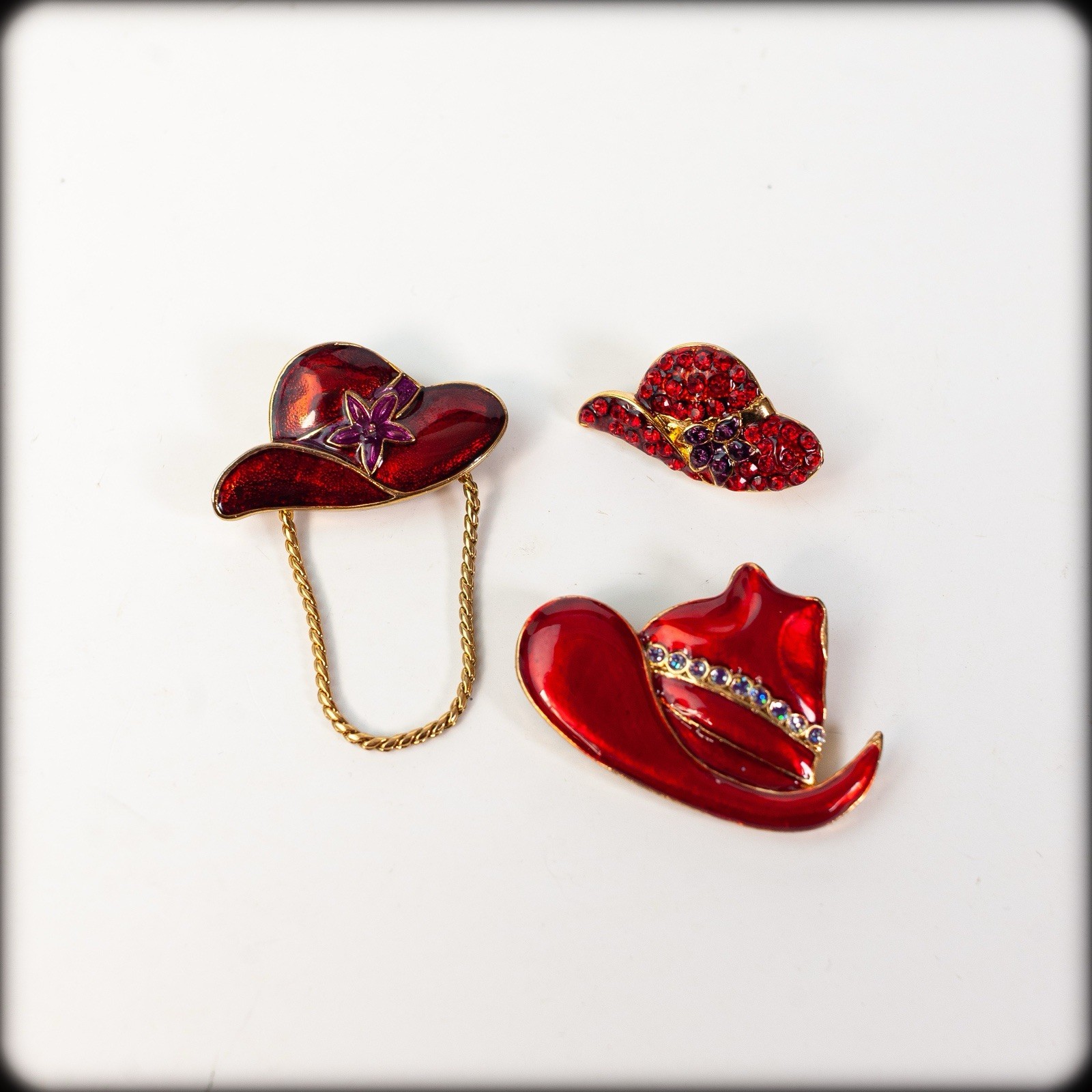 3 pc Brooch Pin Lot Red Hat Society Rhinestone Enamel Costume Jewelry