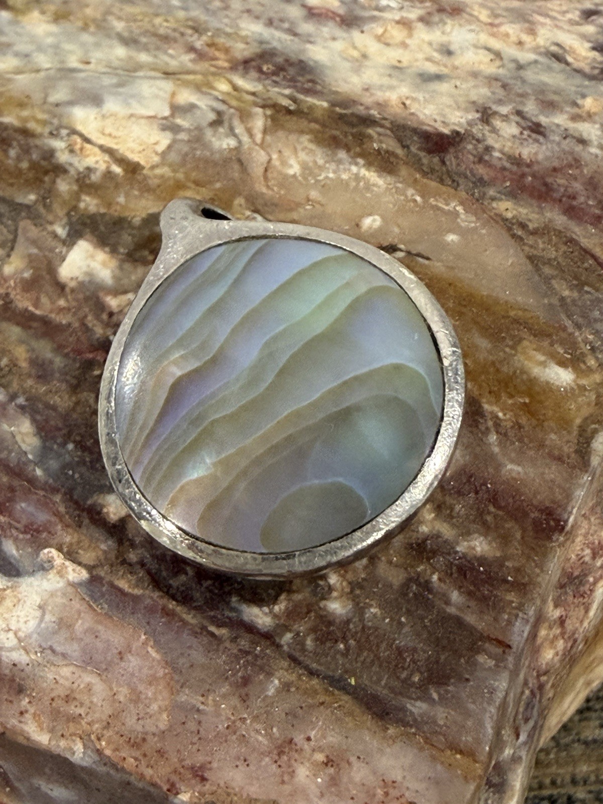 Vintage Sterling Silver Iridescent Abalone Paua Shell New Zealand Boho Pendant