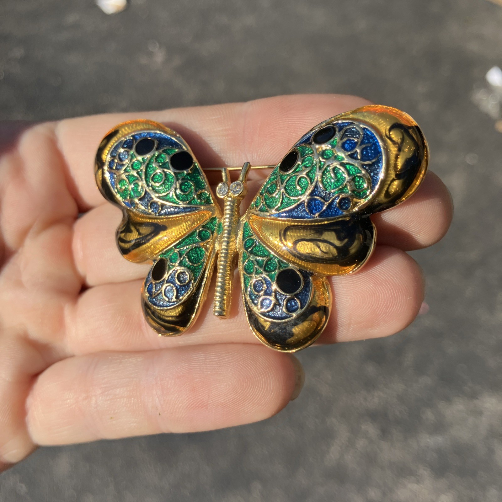 Gorgeous Gold Tone Pierced Butterfly Pin Rhinestones & Enamel Gold Gems