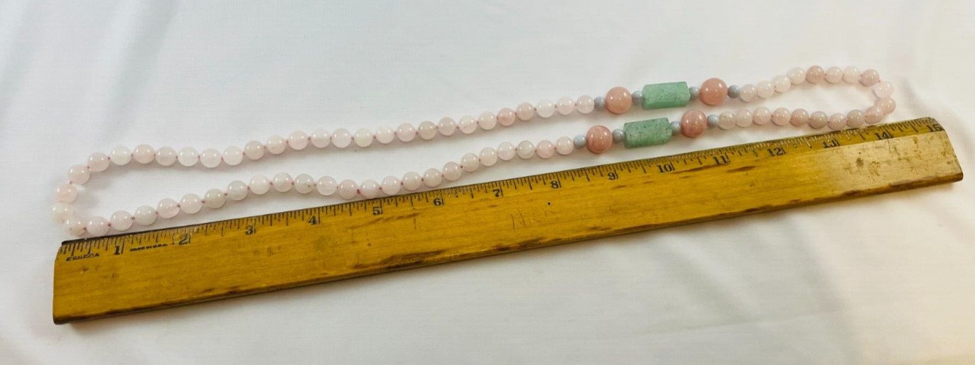 Pink And Green Jade Quartz Hand Knotted Beaded Necklace Long