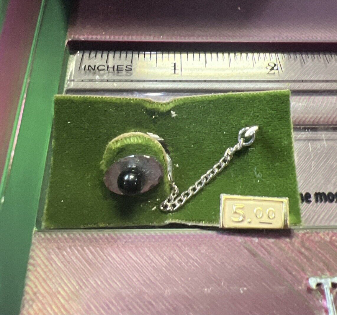Vintage Foster 5mm Round Black Onyx Oval Silver Tone Tie Tack Pin with Chain