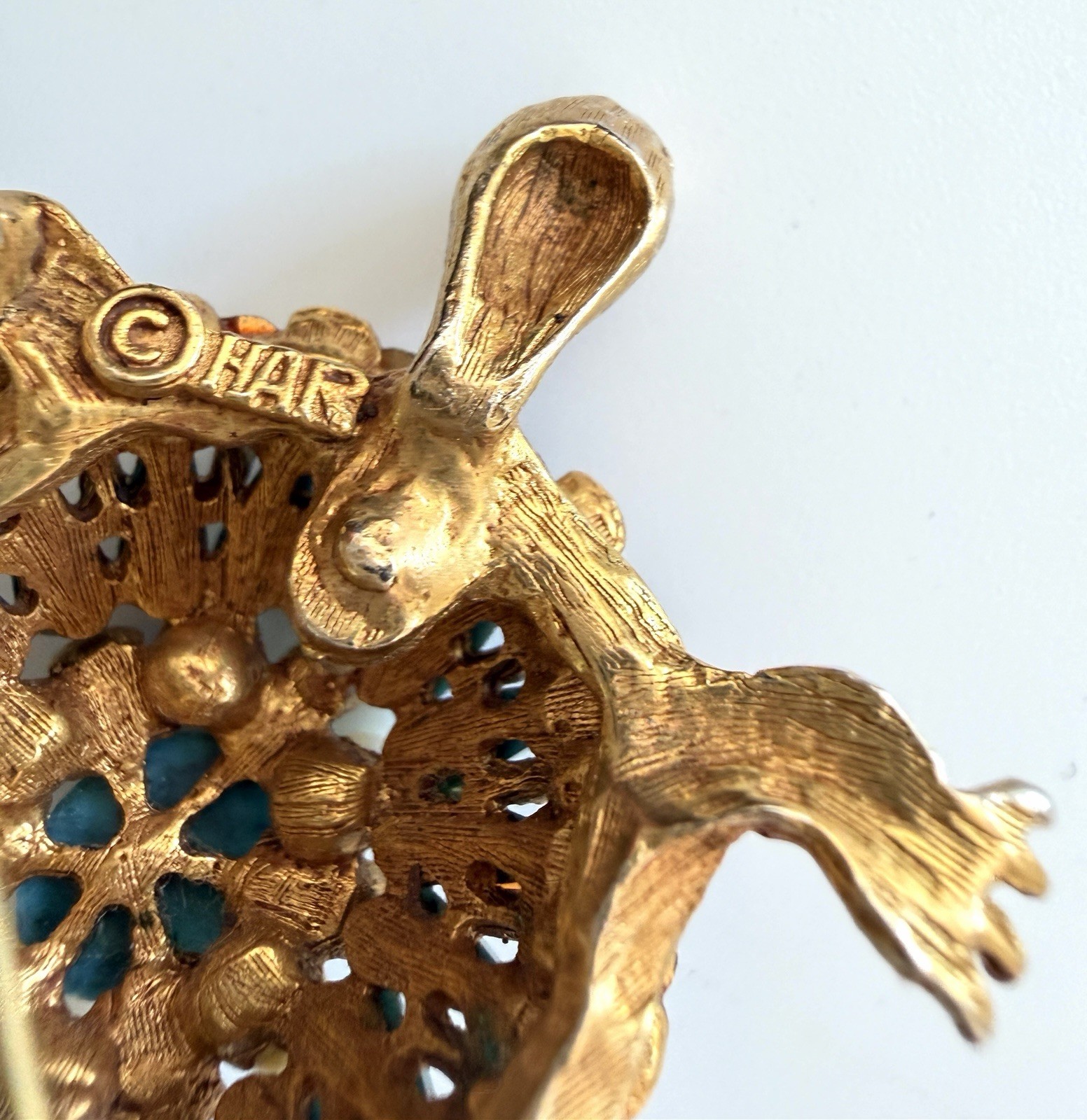 HAR Turtle Brooch Pin Rare Mid Century Turquoise Tiered Rhinestone Statement!!