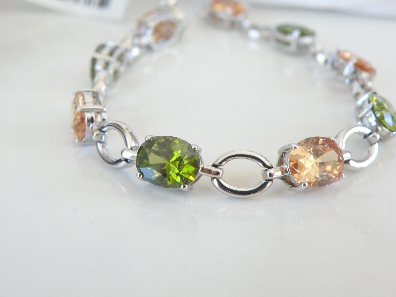 Vintage Sterling Silver 925 Gemstone Tennis Station Link Bracelet 7.5″