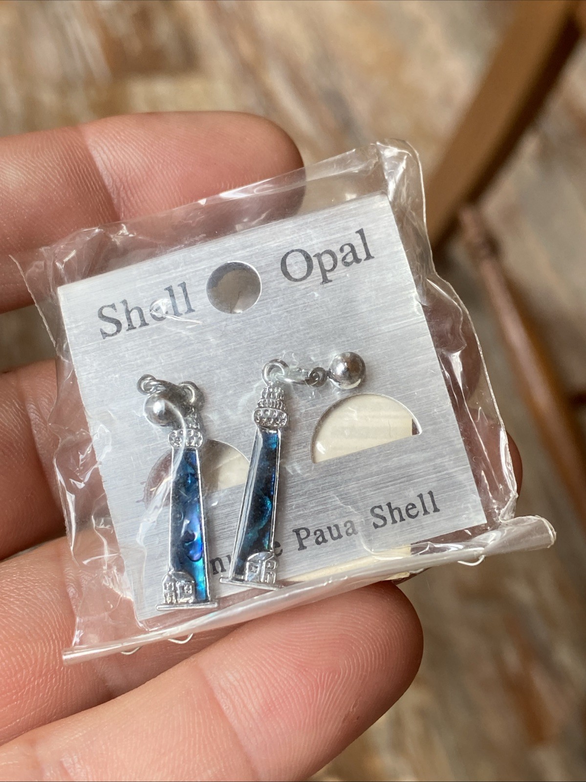 LIGHTHOUSE Blue Paua Shell Dangle Earrings Abalone Inlay Silver Tone Pierced NEW