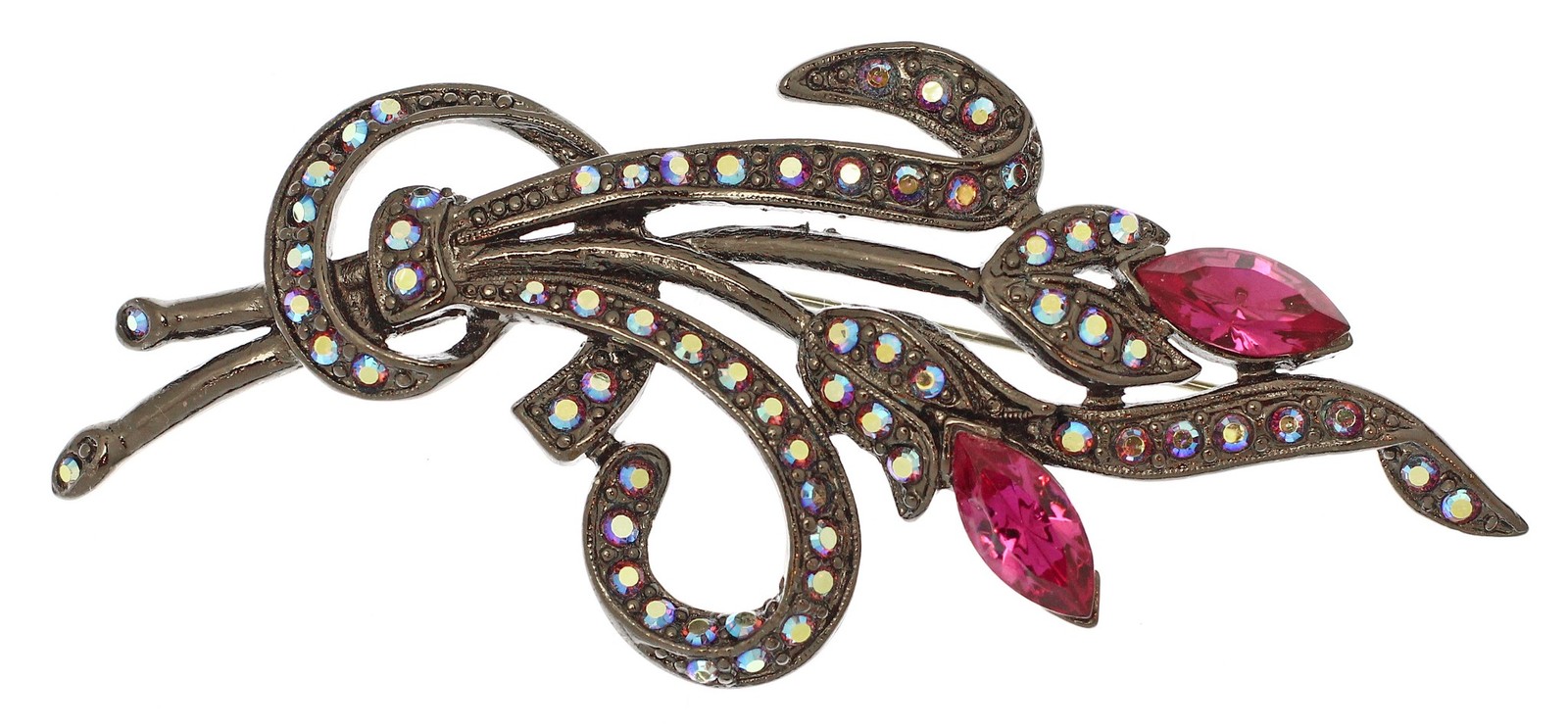 1960s Vintage Rhinestone Brooch Pin Pink + Aurora Borealis Gunmetal Finish Tara