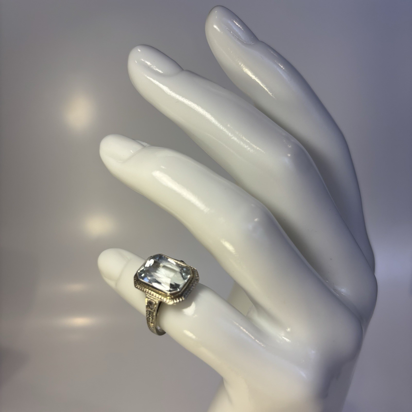 Vintage 14k White Gold Aquamarine Ring Art Deco Style Emerald Cut Estate