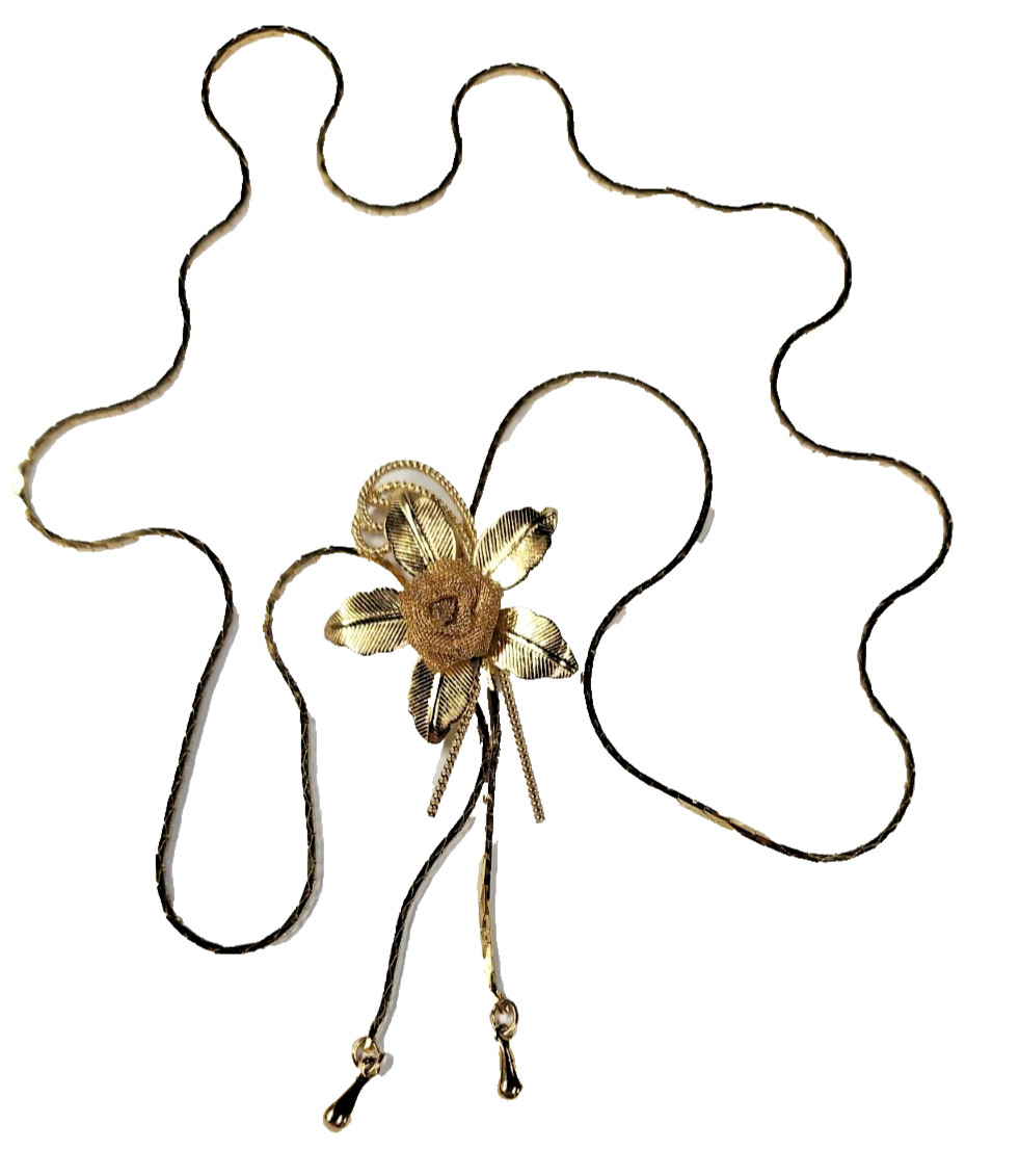 Gold Flower ~ Adjustable Female Necktie style Necklace ~ 26″ total~ Gold tone