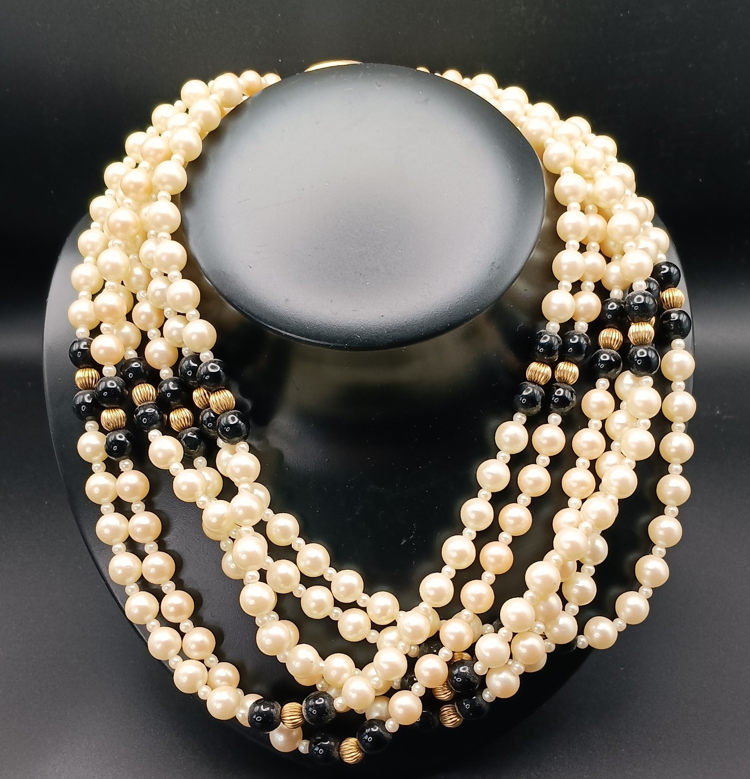 ​Vintage Gay Boyer 6-Strand Faux Pearl Necklace Black Gold Beads Ornate Clasp