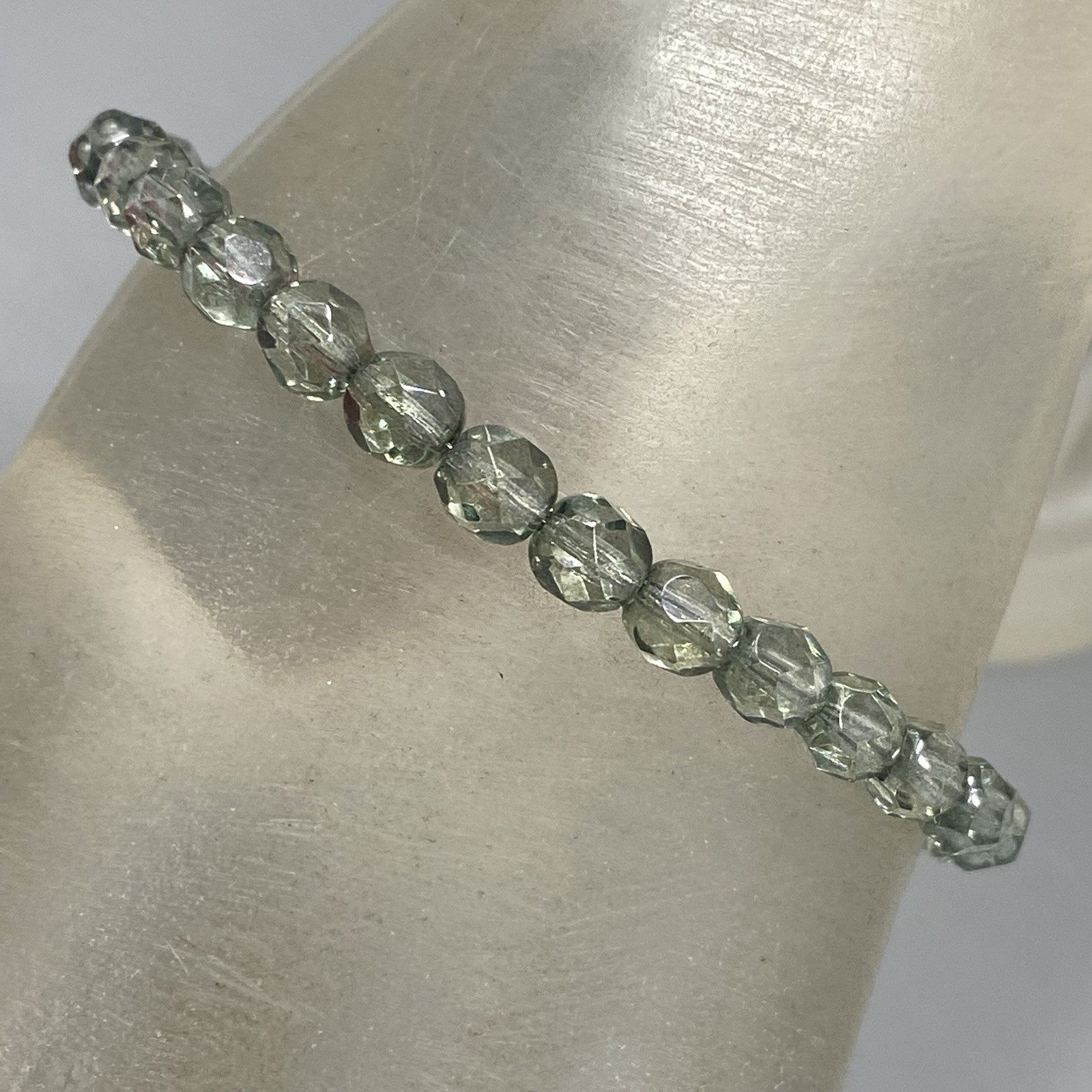 Green Hue Glass Beaded Bracelet Soft Facet Surface Coated Fire Polished 6.75″