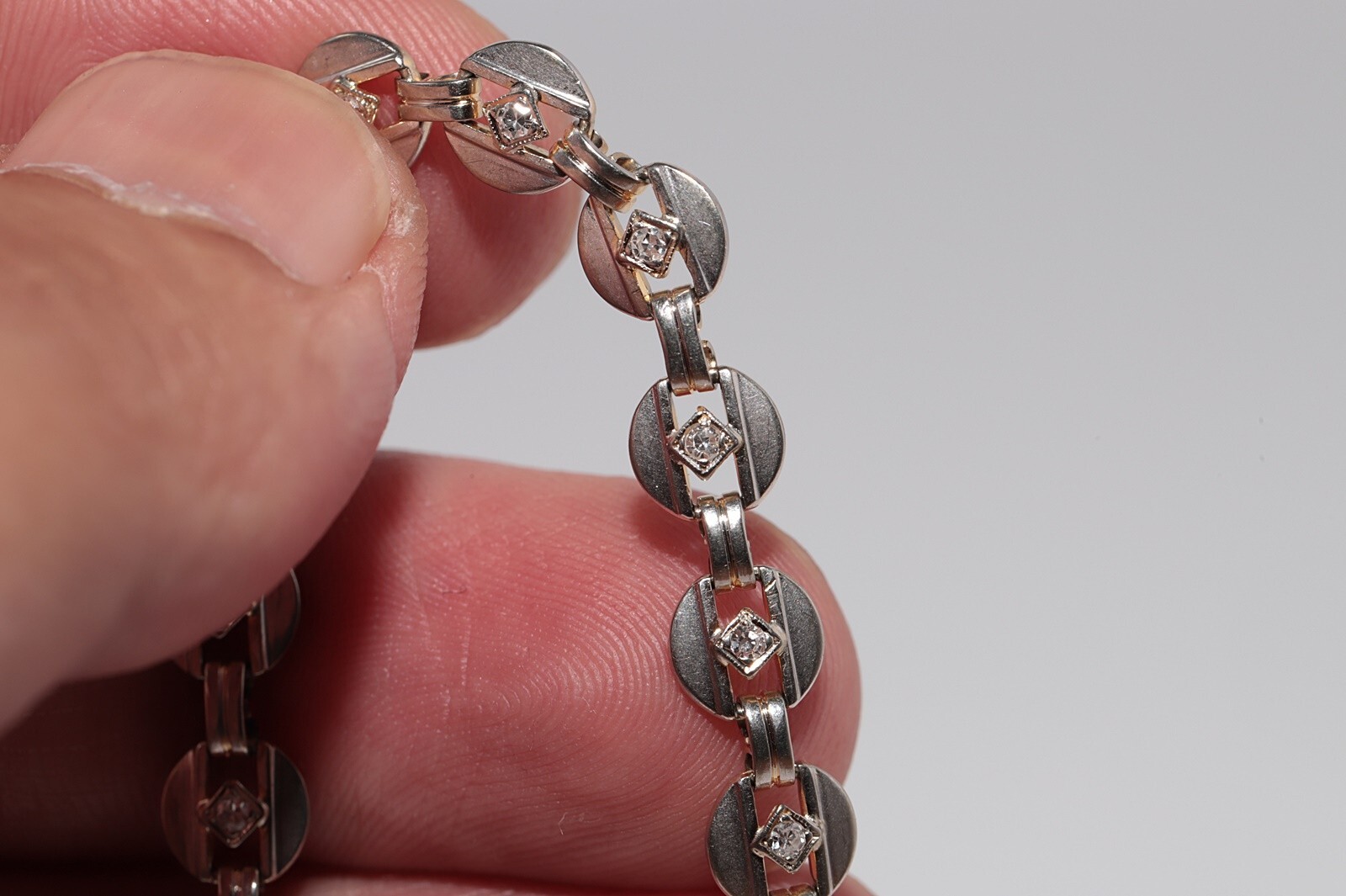 Antique Circa 1920s Art Deco 14k Gold Natural Diamond Decorated Tennis Bracelet