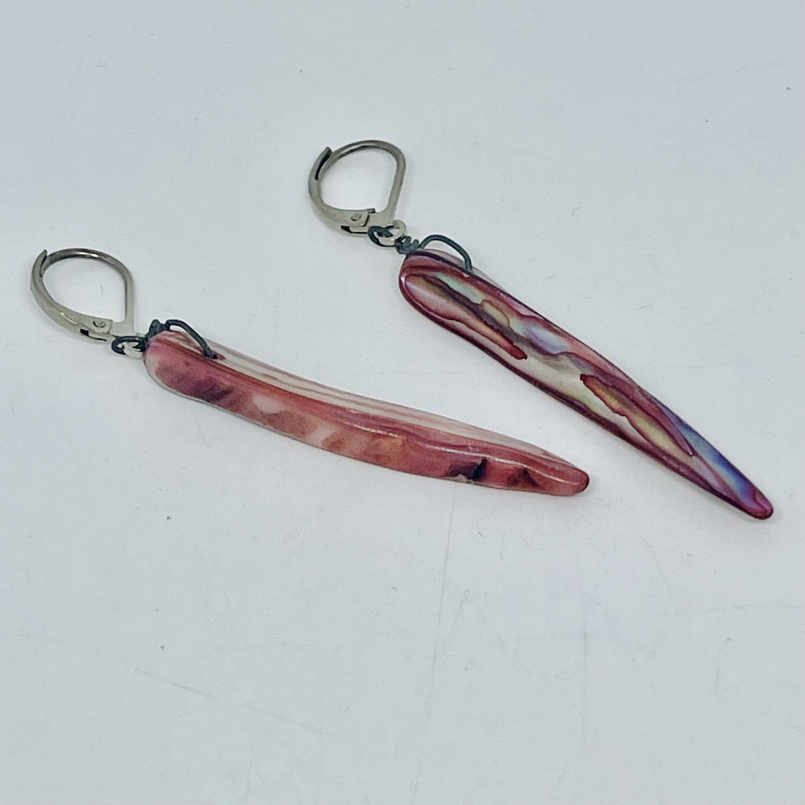 Vintage Colorful Pink Purple Blue Abalone Shell Talon Earrings Silver Leverback
