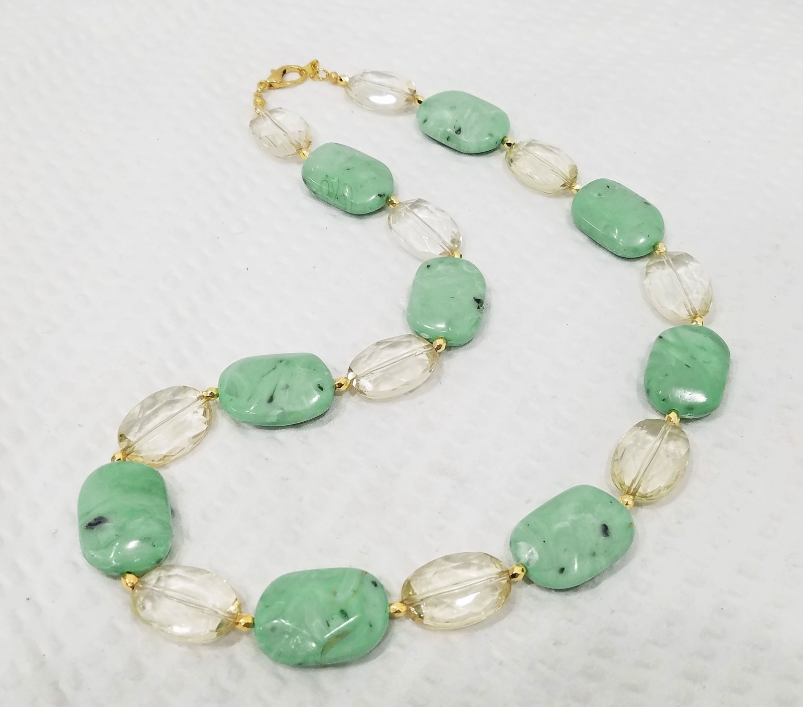 Vintage Chunky Celadon Green & Clear Acrylic Crystal Bead Gold Tone Necklace