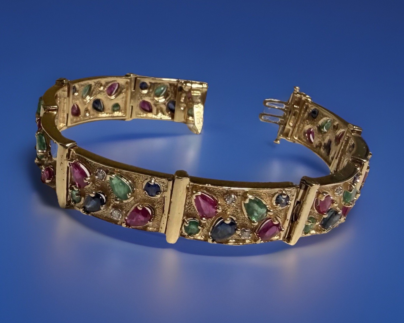 Vintage 14K Yellow Gold Ruby Emerald Sapphire Diamond Link Bracelet 7.25”