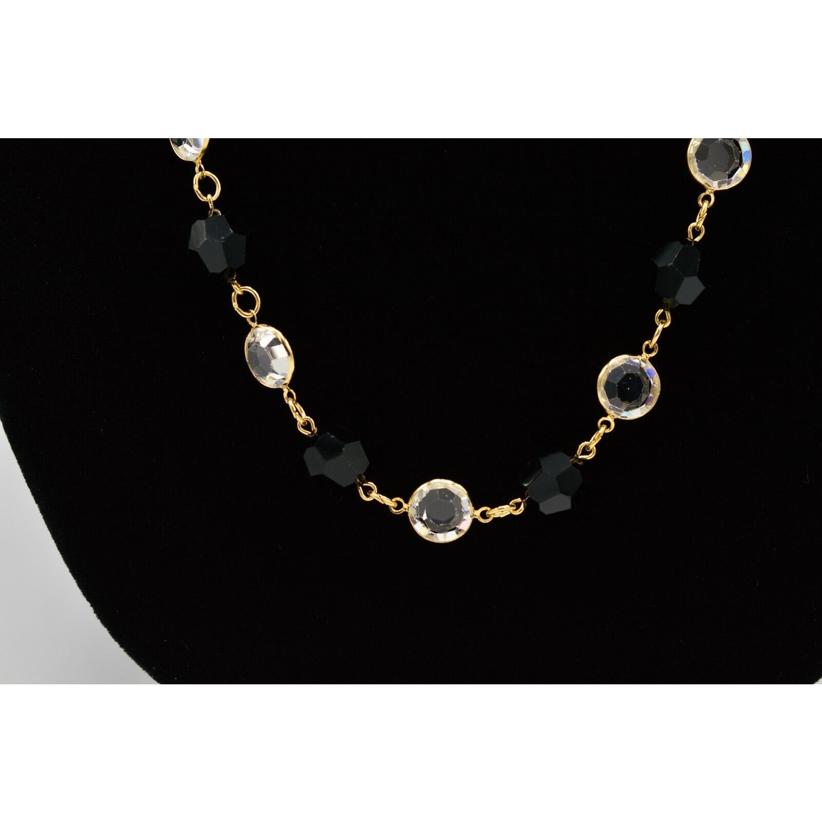 Austrian Crystal USA Vintage Necklace Open Bezel Clear Black Gold Signed 80s 9J