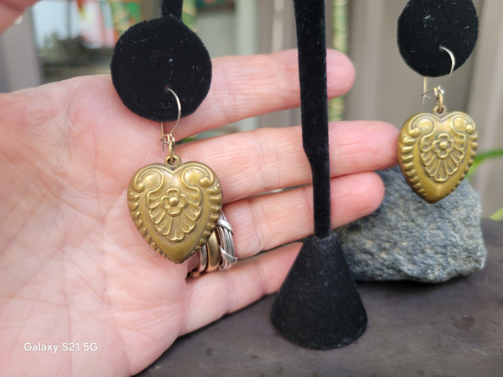 Vtg Pididdly Links Dangle Earrings Brass Puffed Hearts Nouveau Victorian Ornate