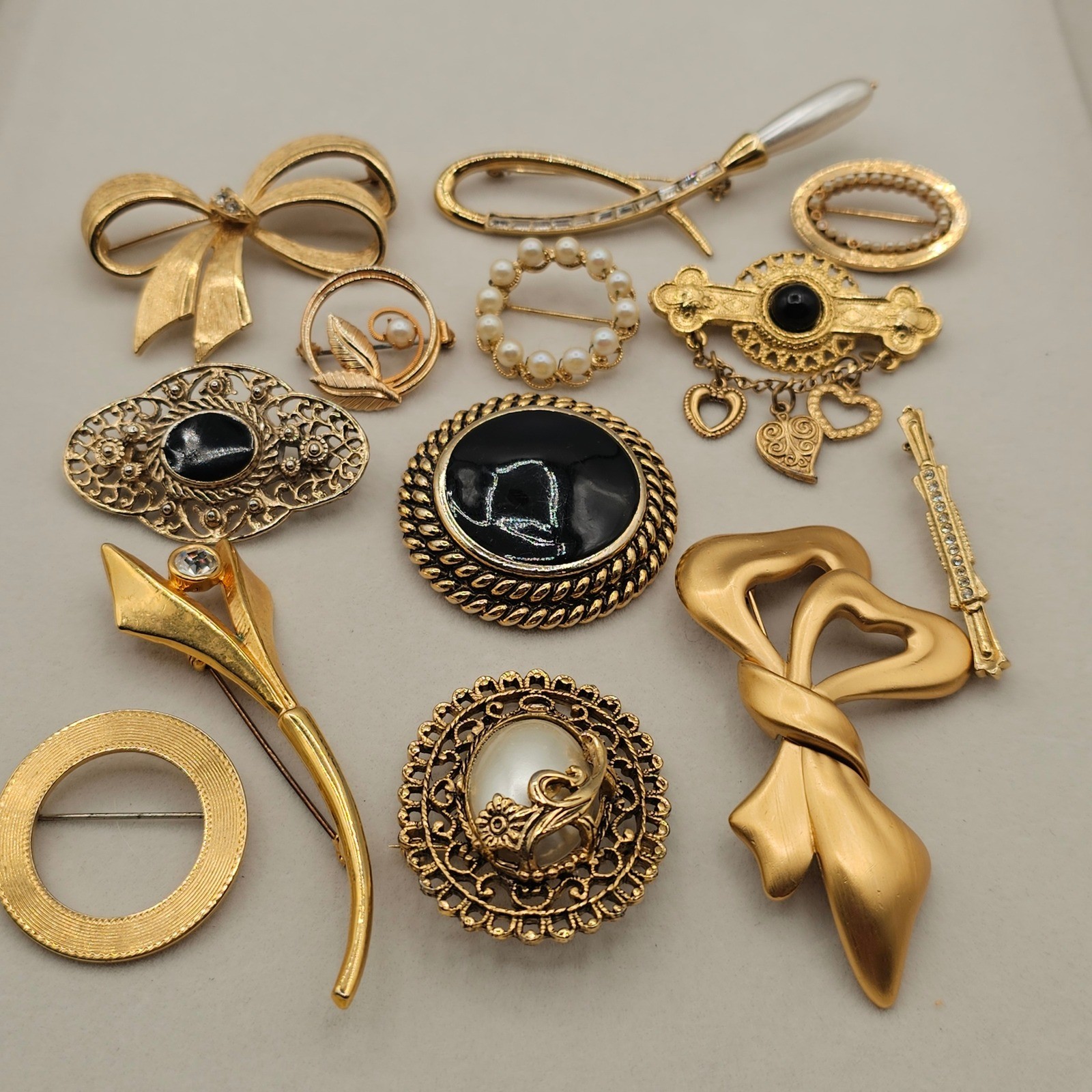 Gold Tone Brooch Lot 13pc Gold Tone Faux Pearl Enamel Rhinestone Avon Monet Pins