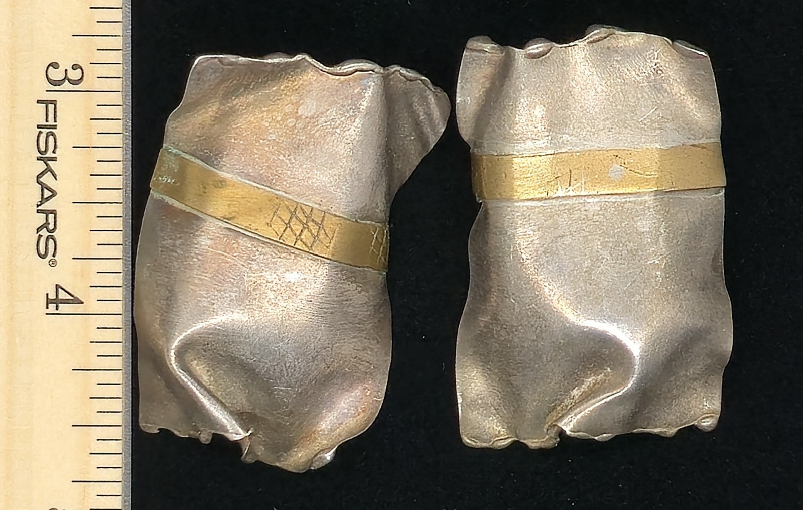 Big Vtg Signed Mixed Metal Sterling Silver Brass Brutalist Pierced Earrings