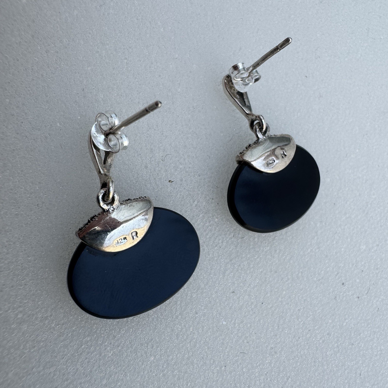 Vintage 925 Sterling Silver Black Onyx Marcasite Dangle Earrings Signed R