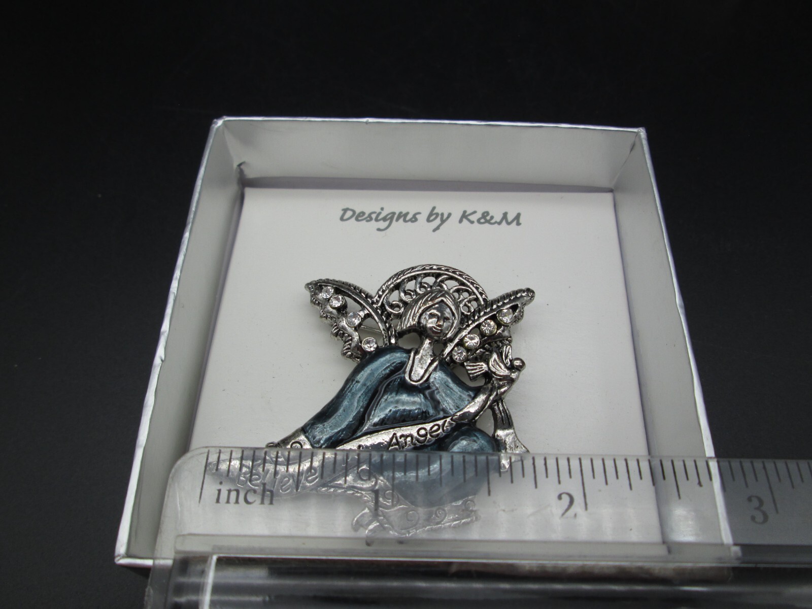 Vintage Angel Brooch Pin Silver Tone Rhinestone Blue Enamel Believe Estate NIB