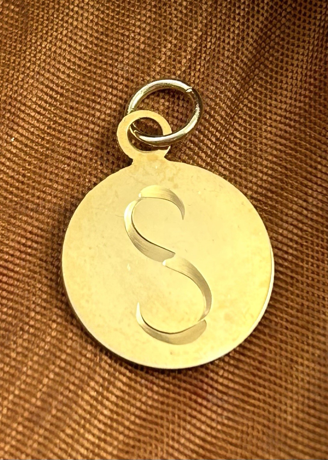 Vintage Initial S Charm Dainty Pendant Etched Gold Plated Metal Vintage Jewelry