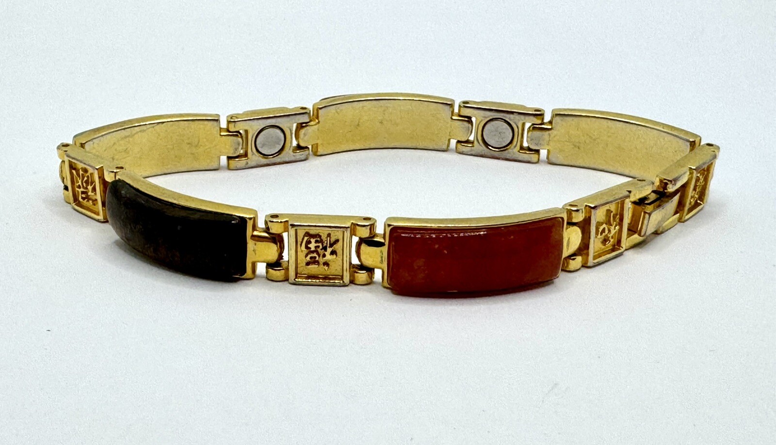 Vintage Gold Tone Linked Panel Magnetic Asian Bracelet Tiger Eye Jade Turquoise