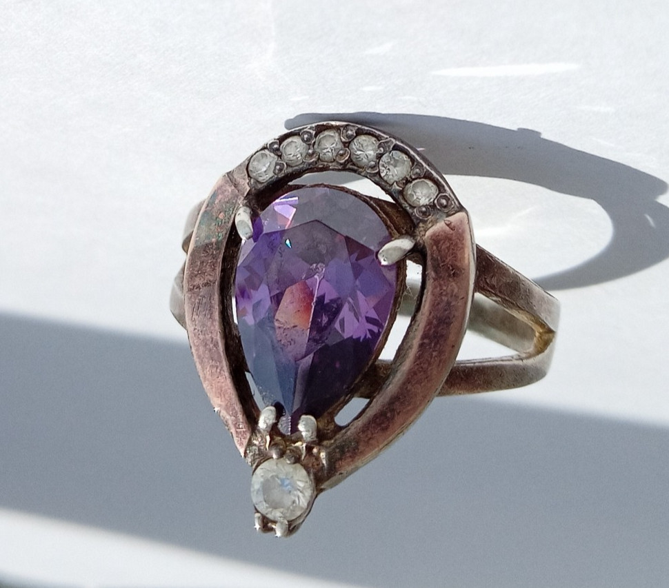 Vintage Ring Purple stone Sterling Silver 925 gold 375 test Women Jewelry siz 11
