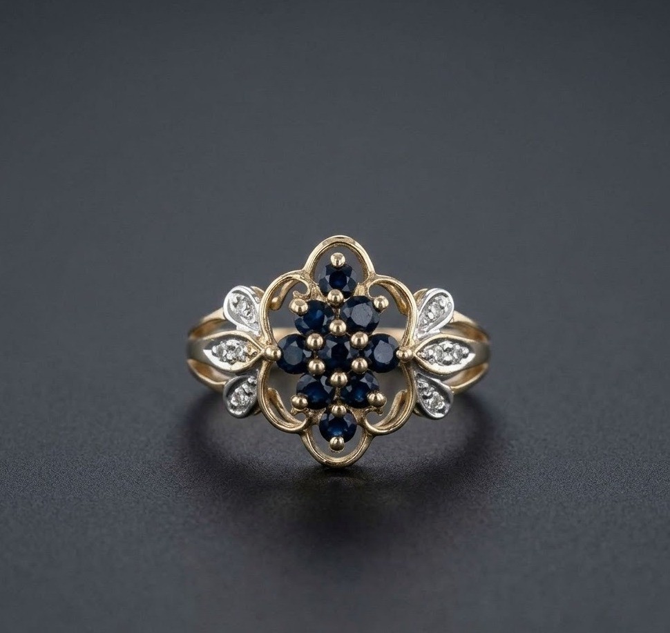Round Cut 1CT Real Sapphire Floral Cluster Ring Vintage 14k Two-Tone Gold Finish