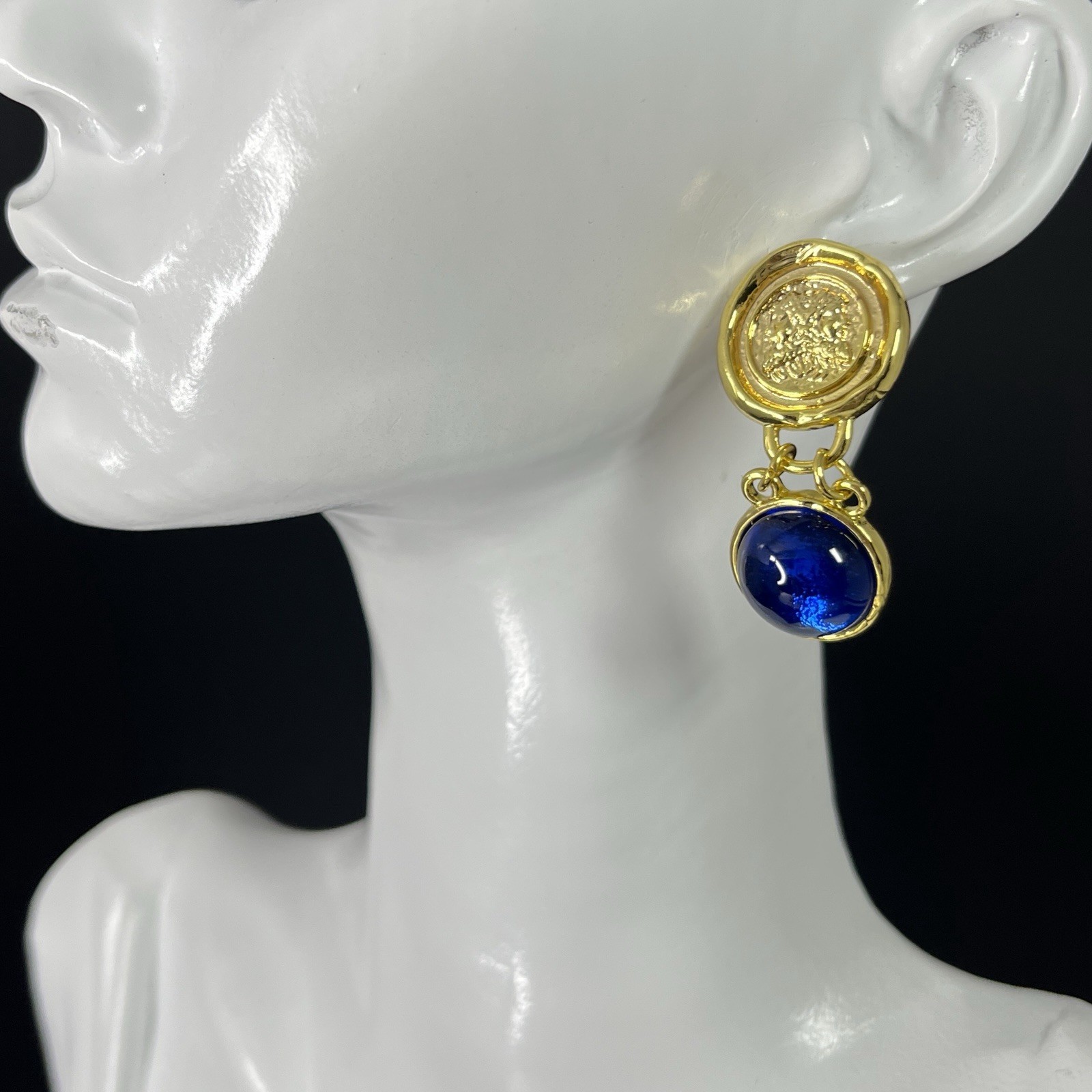 Gold Tone Etruscan Coin Dangle Earrings Blue Glass Cabochon Pierced Gripoix
