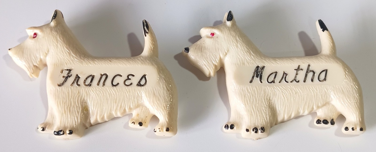 Pair of Vintage Off-White Celluloid Westie Dog Brooches: Frances & Martha