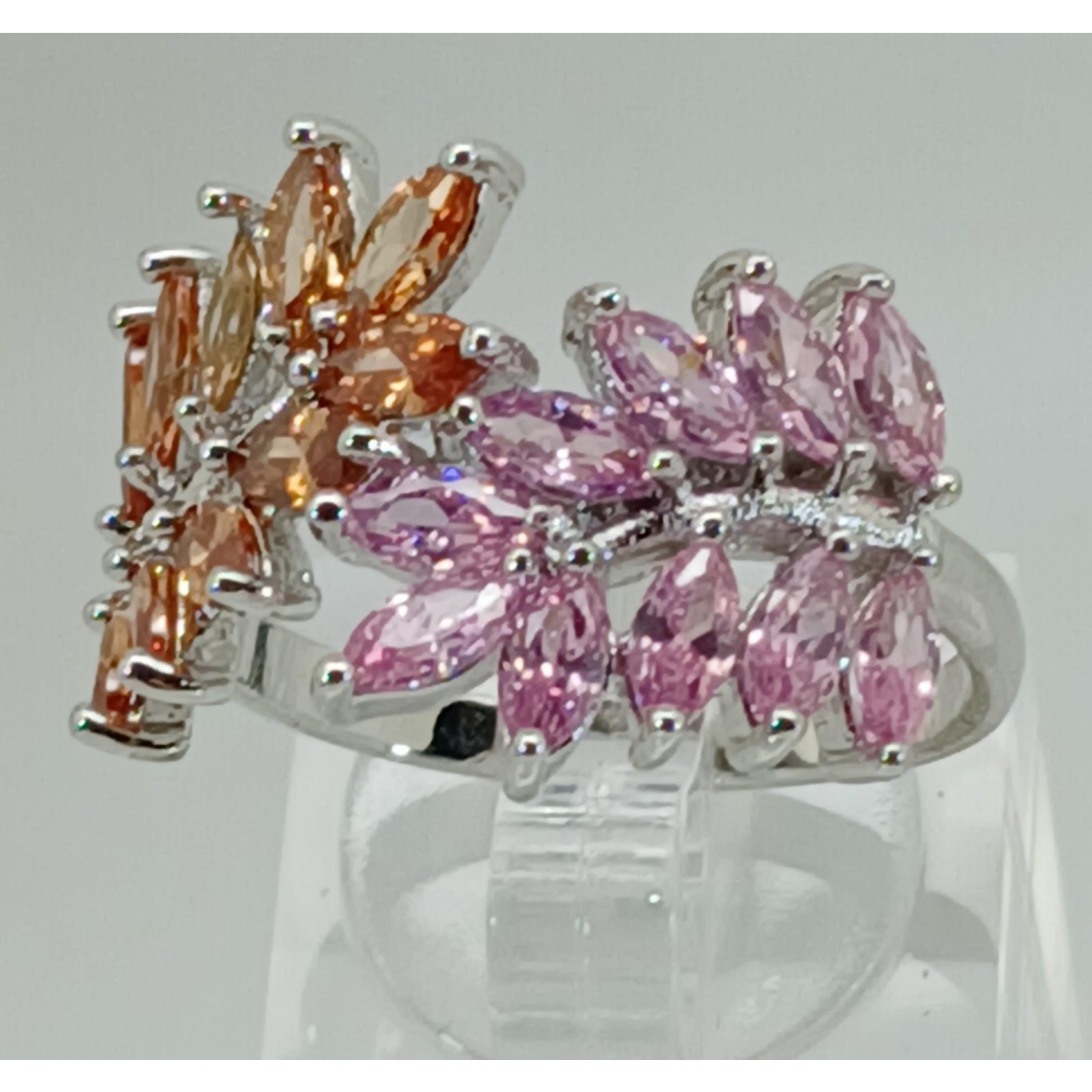 Vintage Ring Size 9.5 Silver Tone White Gold GP Pink Champagne Amber CZ Spray