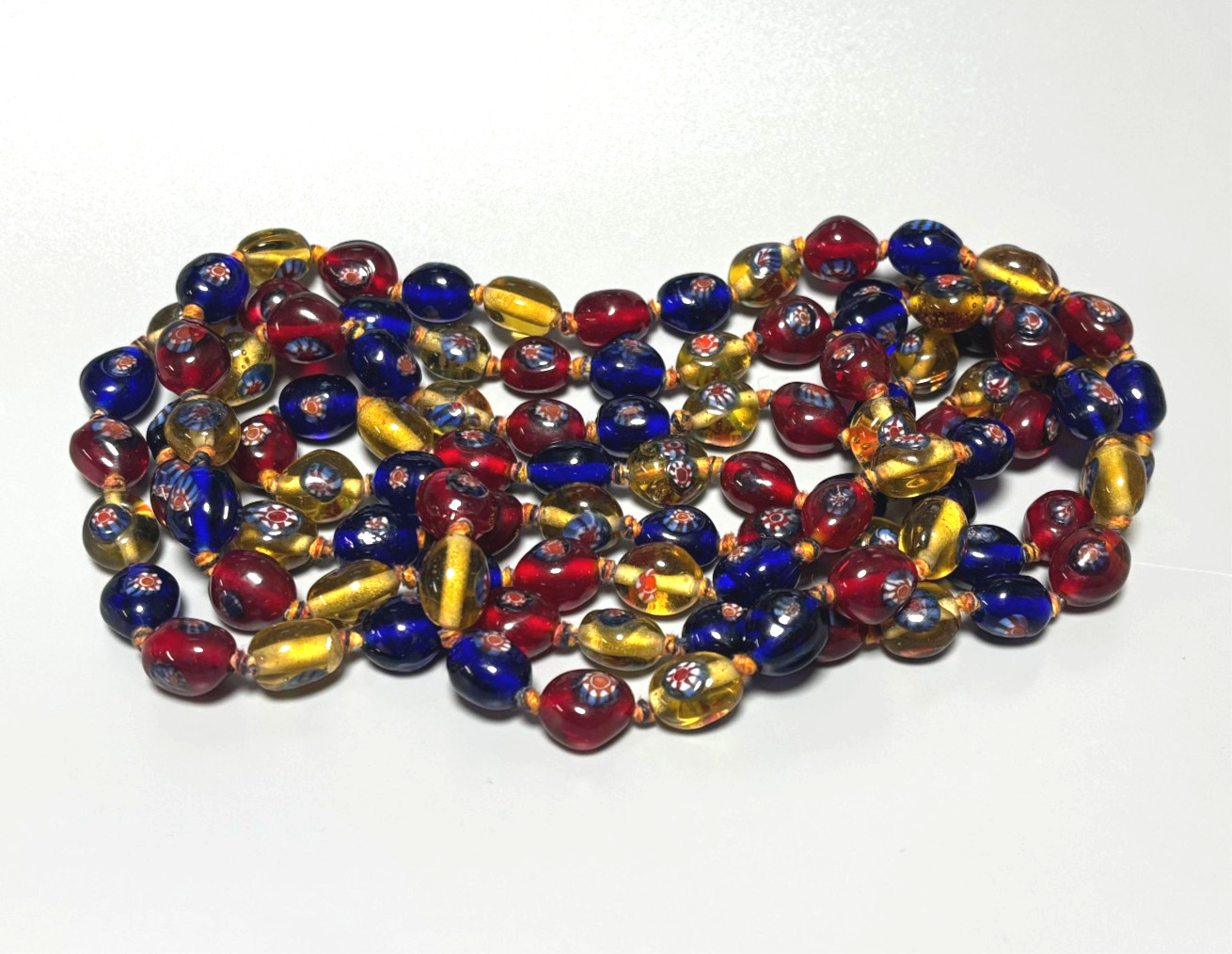 Vintage VENETIAN MURANO GLASS Bead Knotted Rope Long Necklace 62″ – 180g
