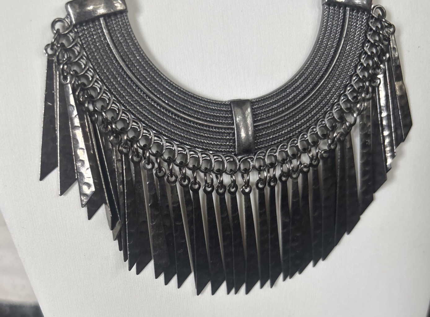 Vintage Brutalist Gun Metal Fringe Collar Necklace Bib Statement Ethnic Boho