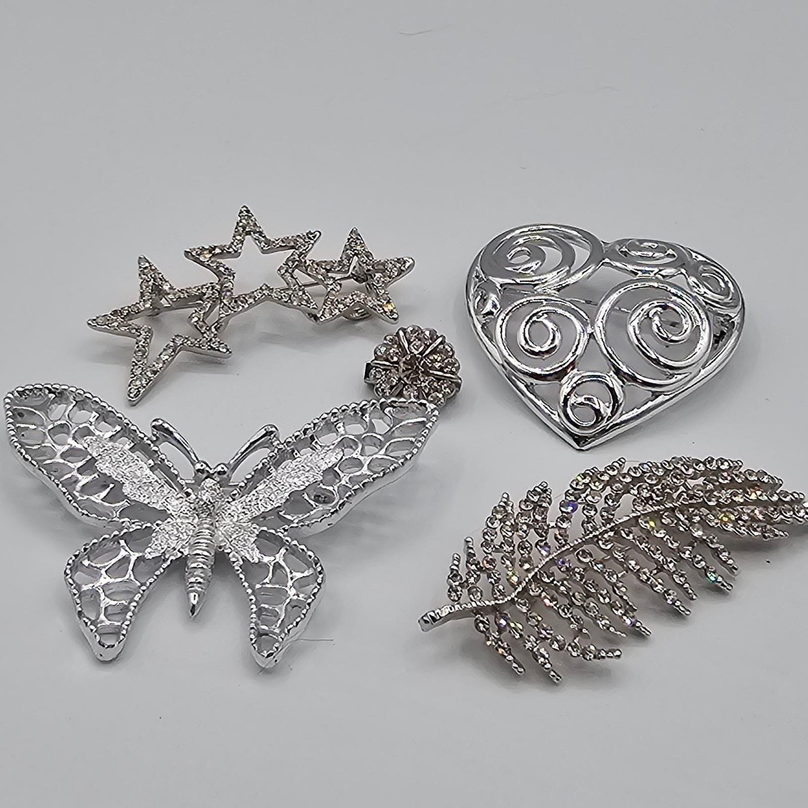 Vtg Silver Tone Brooch Pin Lot Butterfly Stars Heart Feather Rhinestone Sparkle
