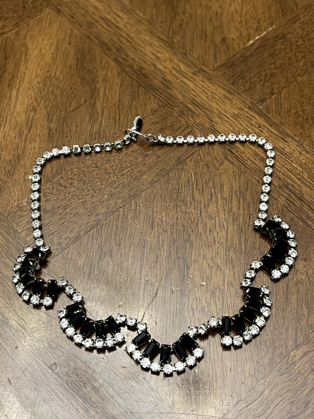 Vintage Coro Necklace Silver Tone Black & Clear Rhinestones Sparkly Signed!