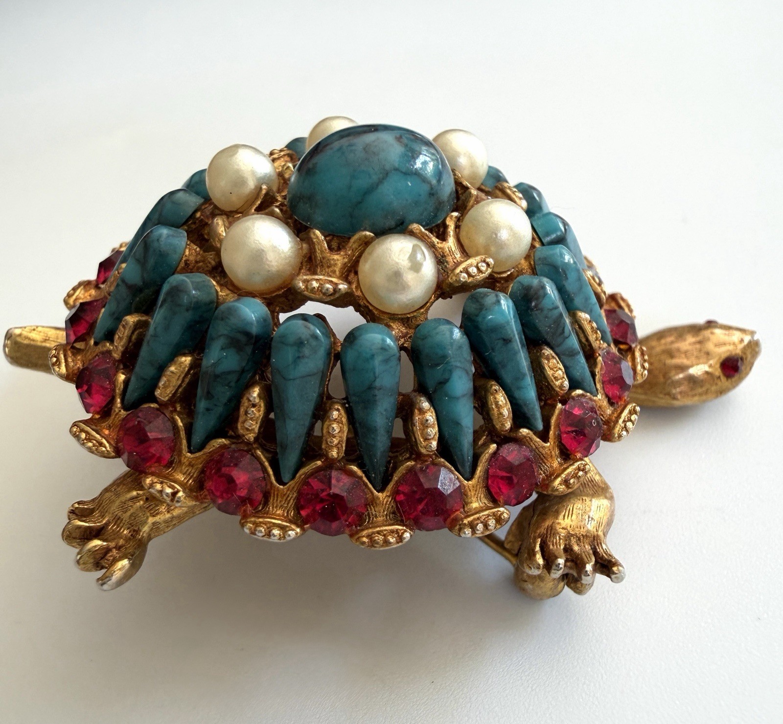 HAR Turtle Brooch Pin Rare Mid Century Turquoise Tiered Rhinestone Statement!!