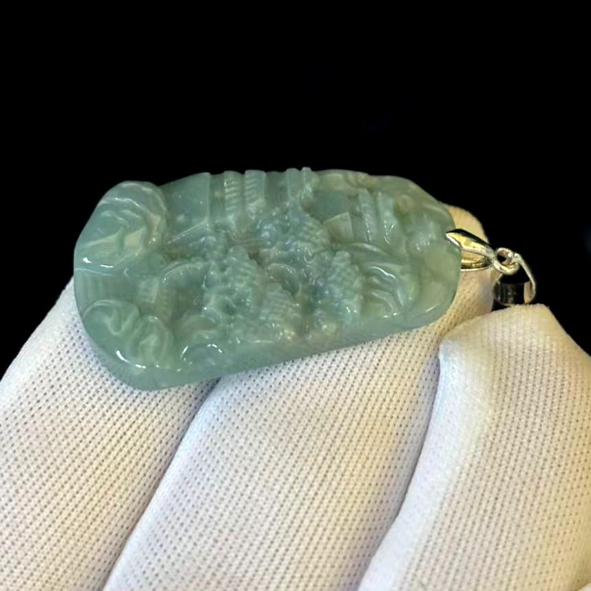 High-grade Natural Green Jade Jadeite Pendant Embossed Landscape, Free Necklace