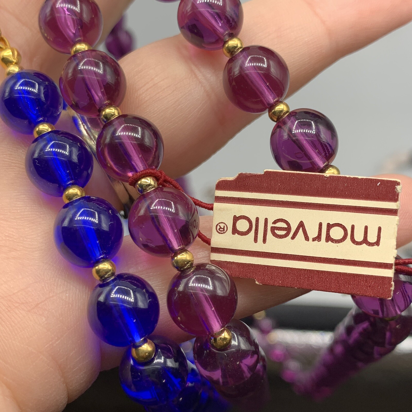 Marvella NOS Necklace Lot Blue and Purple Bead Lightweight Original Tags 24 Inch