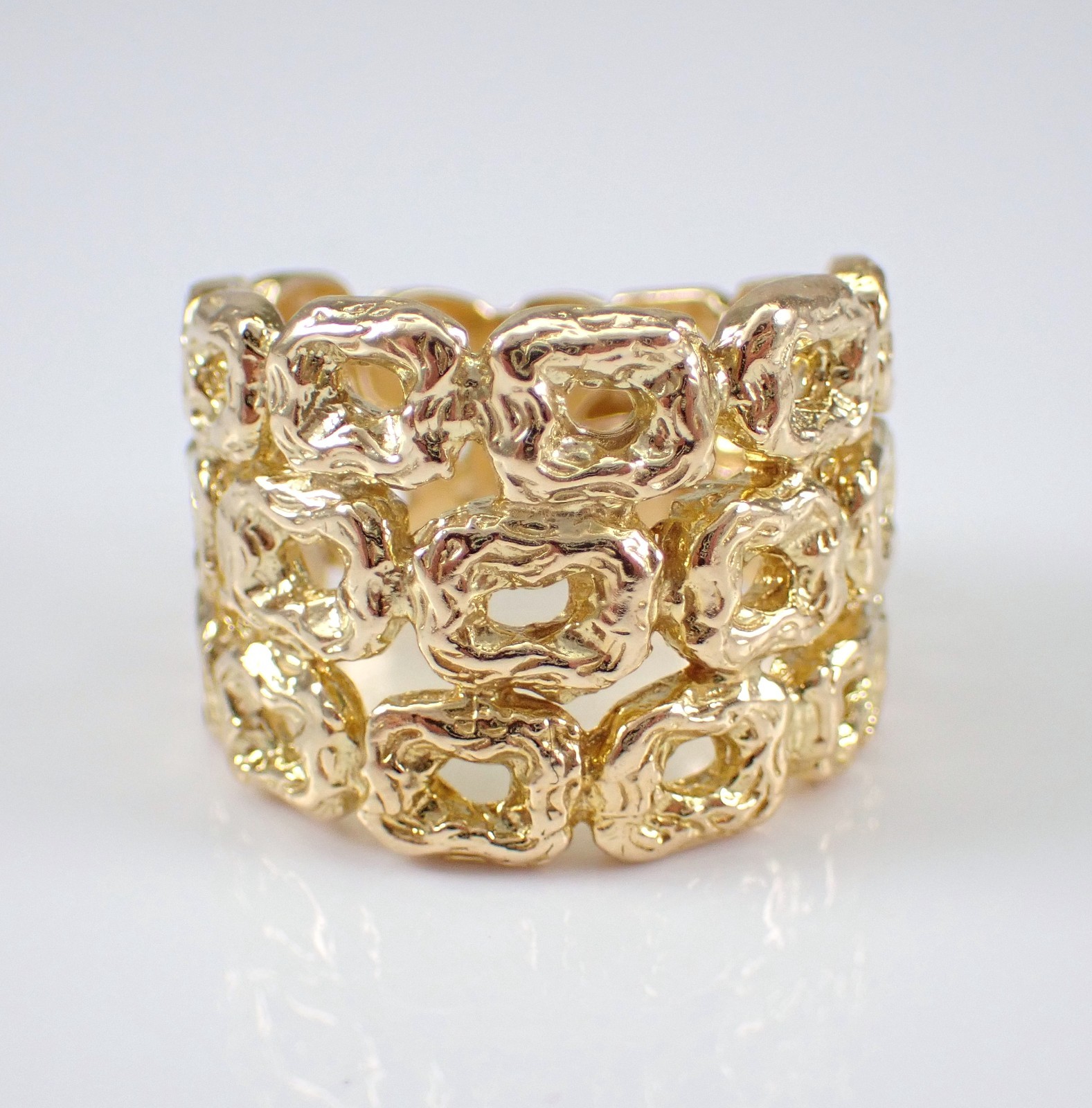 Vintage 14K Yellow Gold Multi Row Band Wide Right Hand Nugget Bamboo Chunky Ring