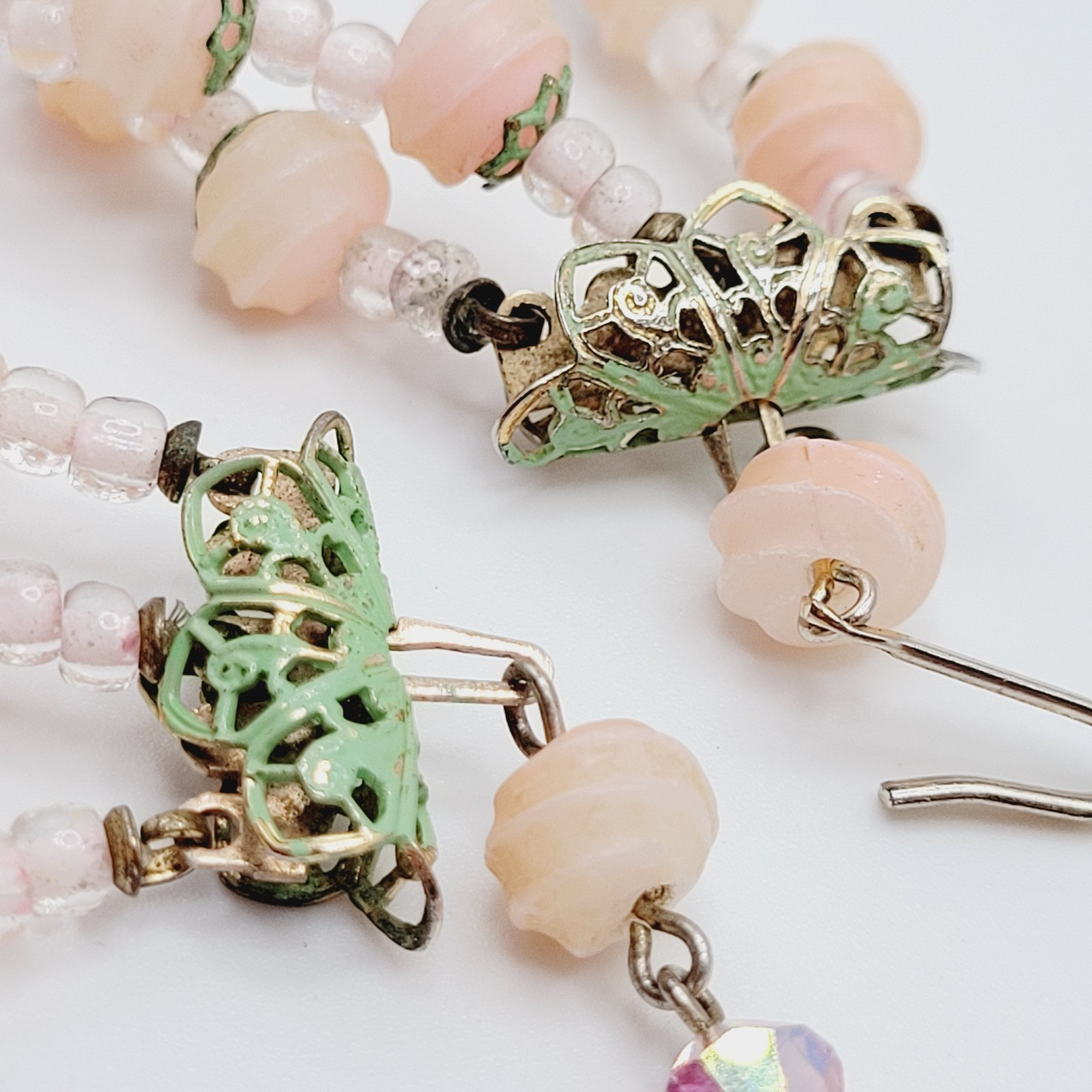 Triple Strand Glass Pink Rosette Green Bottom Rosebuds Bicone Crystal Necklace