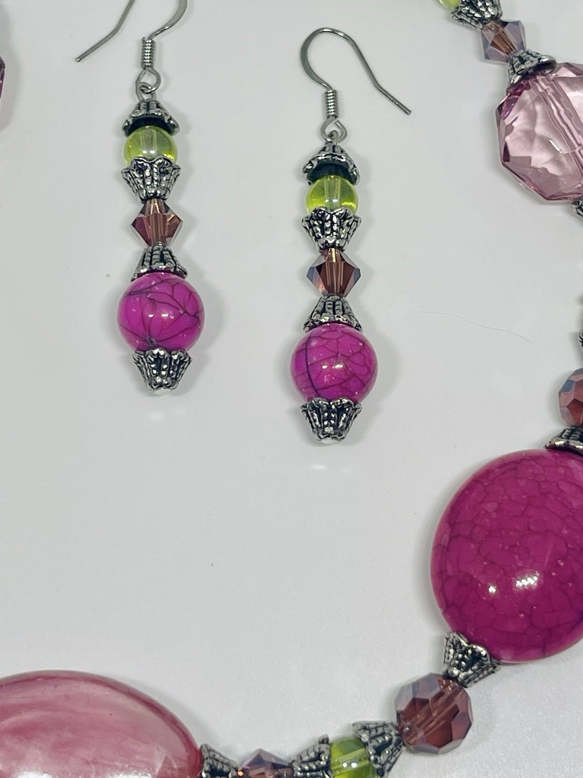 Vintage 80’s Pink And Green Glass And Crystal Bead Necklace & Earrings Set 20”
